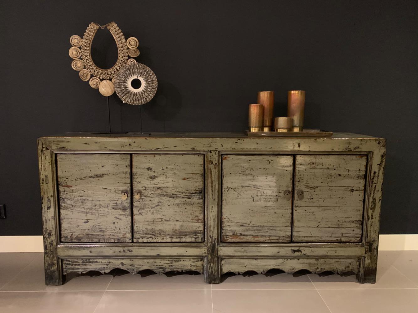  Oud Chinese hoogglans dressoir groen 4 deurs