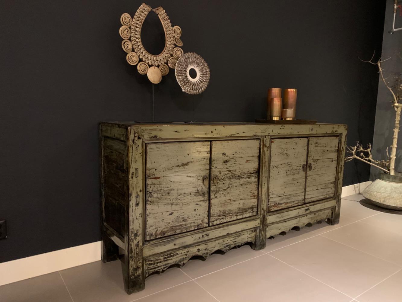  Oud Chinese hoogglans dressoir groen 4 deurs