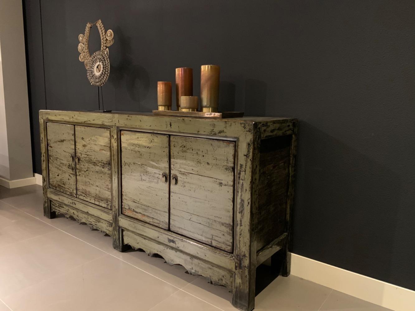  Oud Chinese hoogglans dressoir groen 4 deurs