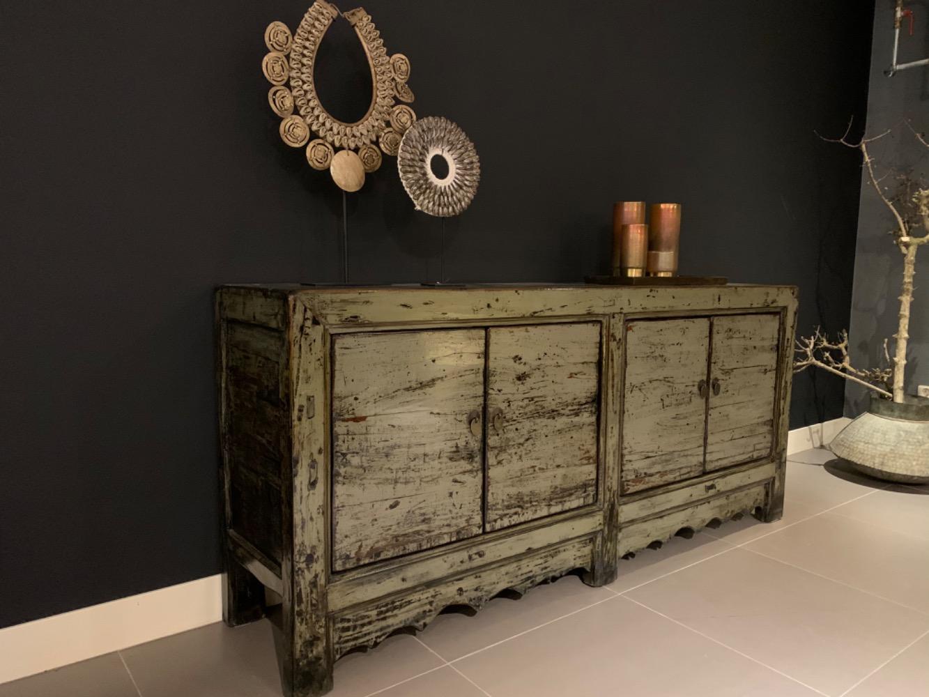  Oud Chinese hoogglans dressoir groen 4 deurs