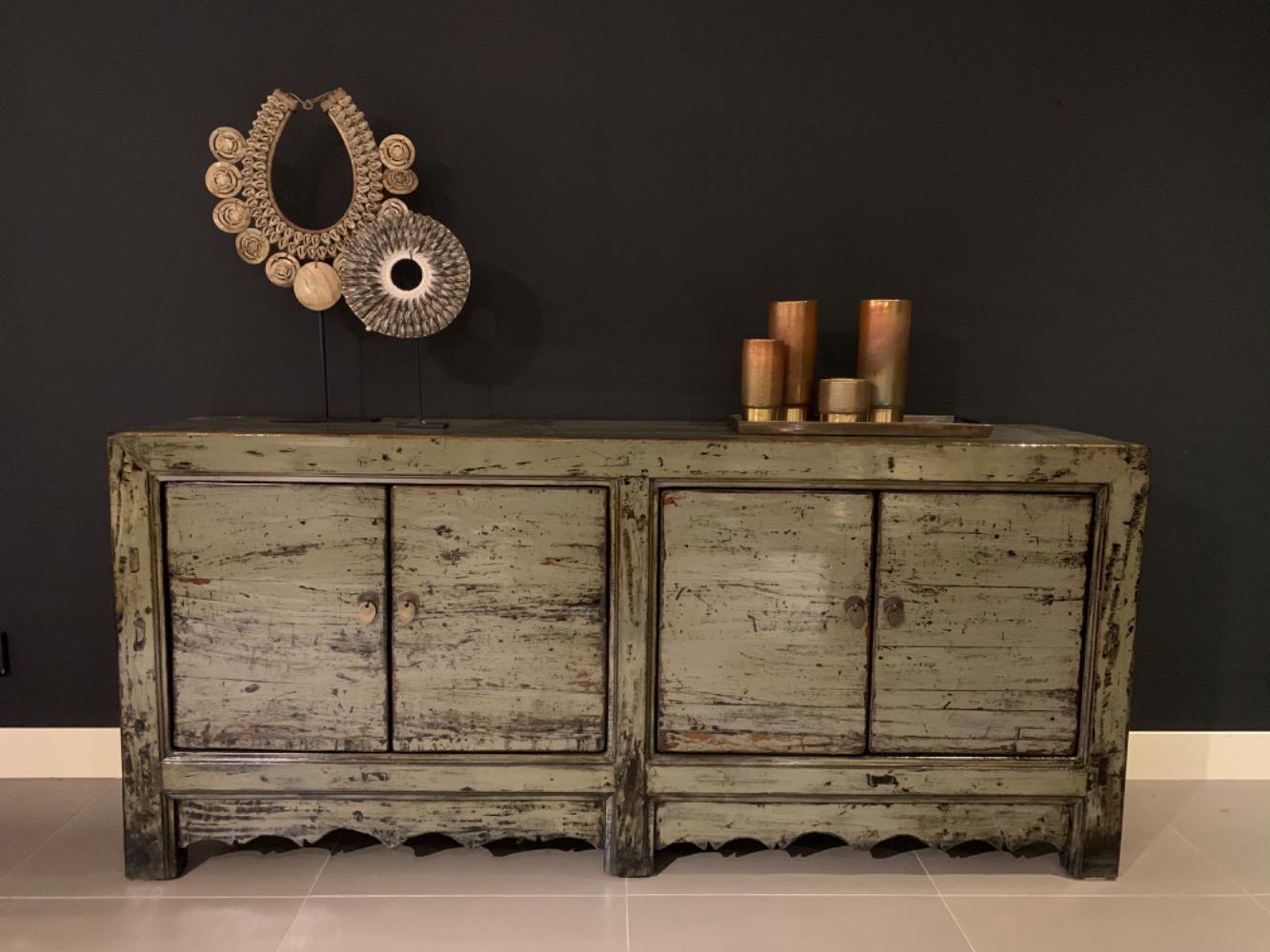  Oud Chinese hoogglans dressoir groen 4 deurs