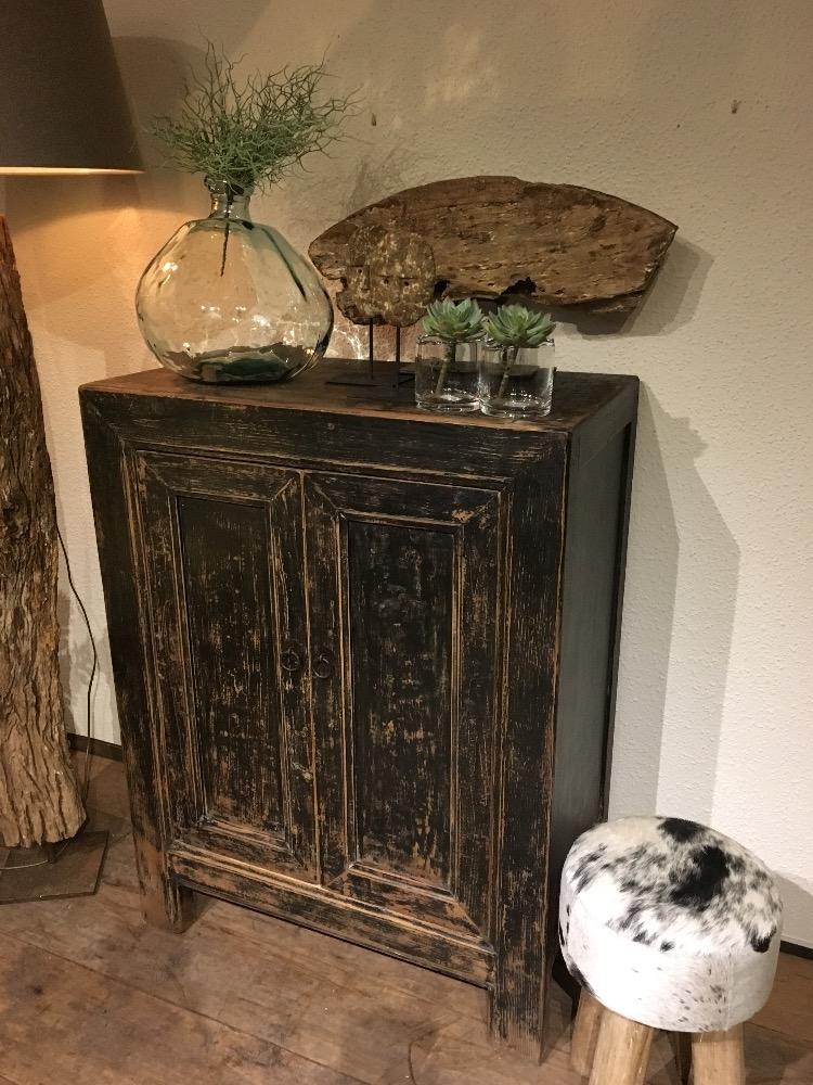 Kast smal elm oud zwart, 2 deurs 
