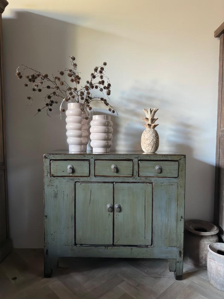 Originele oud Chinese hoogglans dressoir smal antique lacune old jade grijs groen 