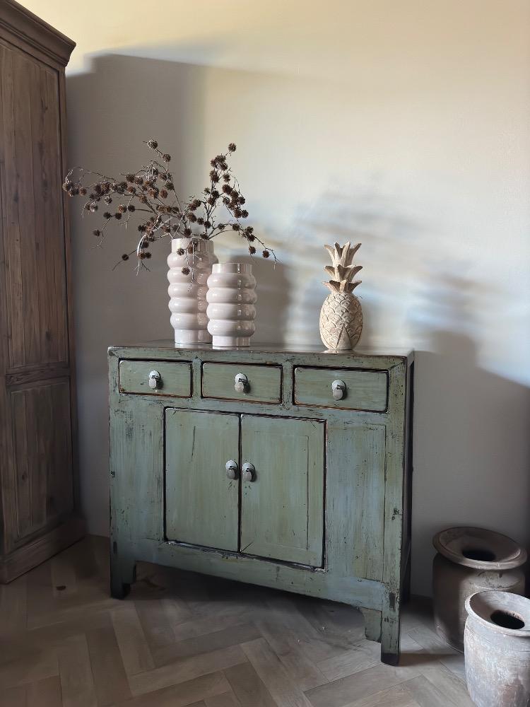 Originele oud Chinese hoogglans dressoir smal antique lacune old jade grijs groen 