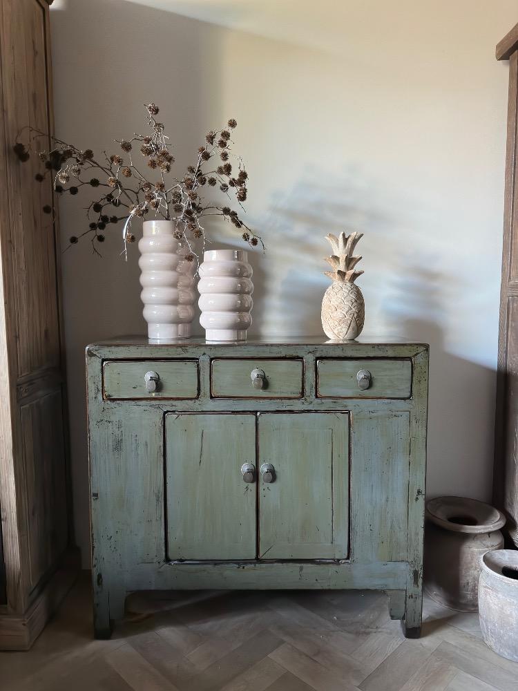 Originele oud Chinese hoogglans dressoir smal antique lacune old jade grijs groen 