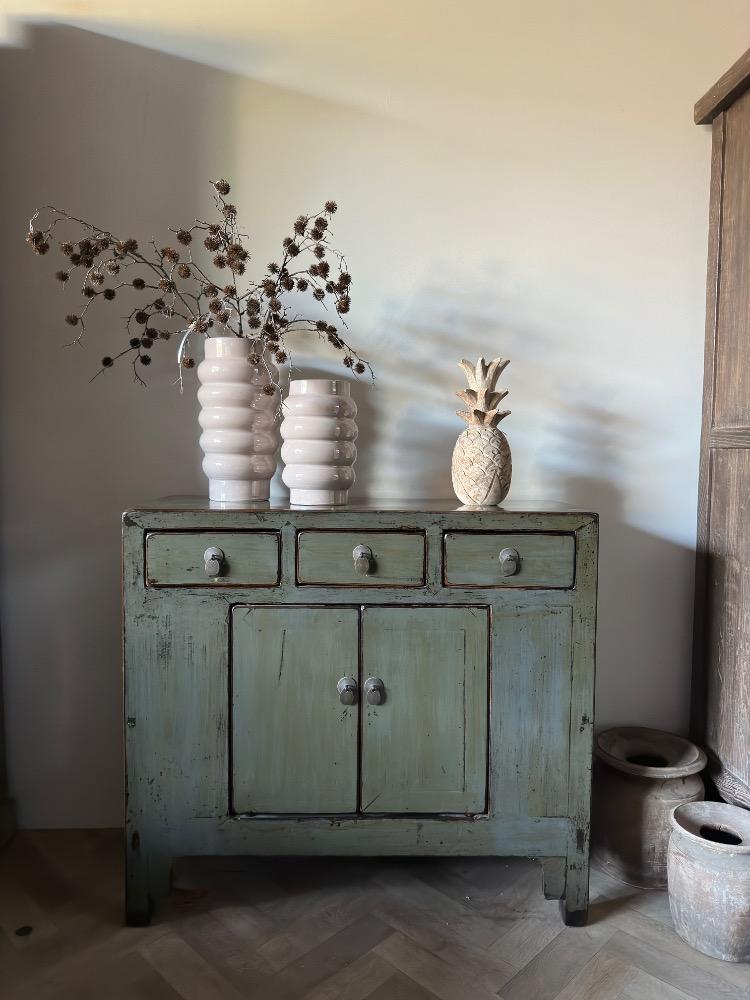 Originele oud Chinese hoogglans dressoir smal antique lacune old jade grijs groen 