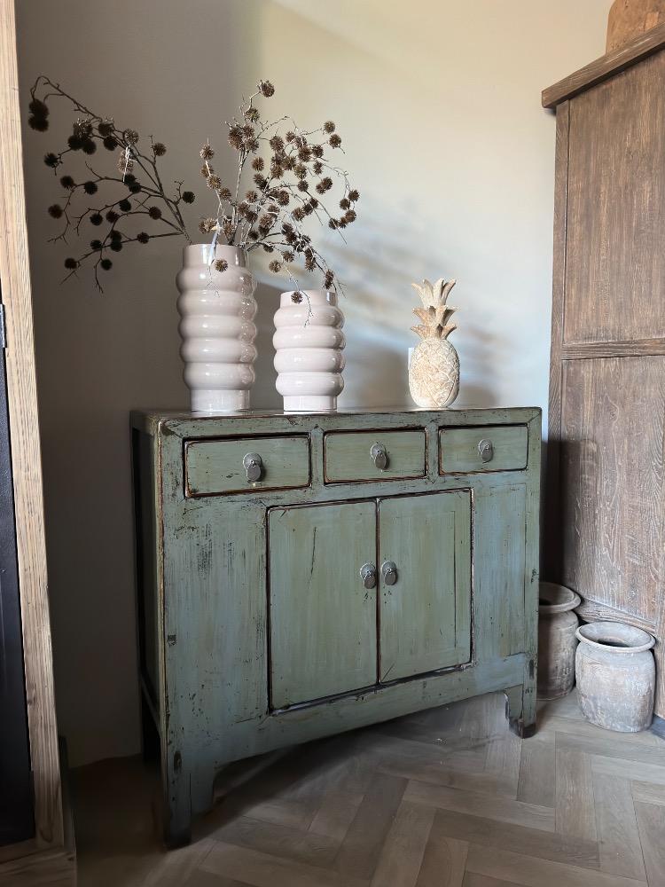 Originele oud Chinese hoogglans dressoir smal antique lacune old jade grijs groen 