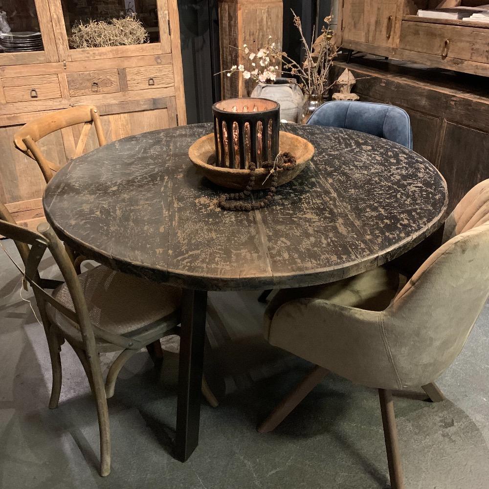 Ronde eettafel oud zwart elm hout 