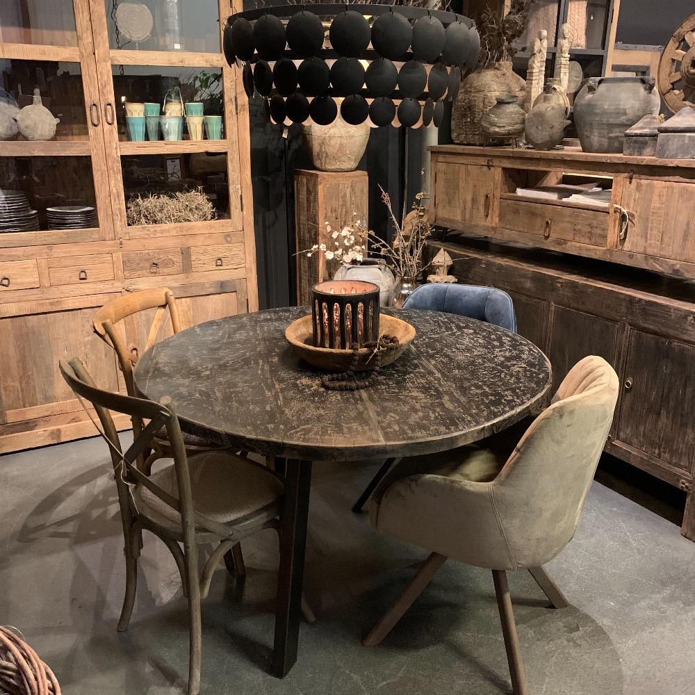 Ronde eettafel oud zwart elm hout 