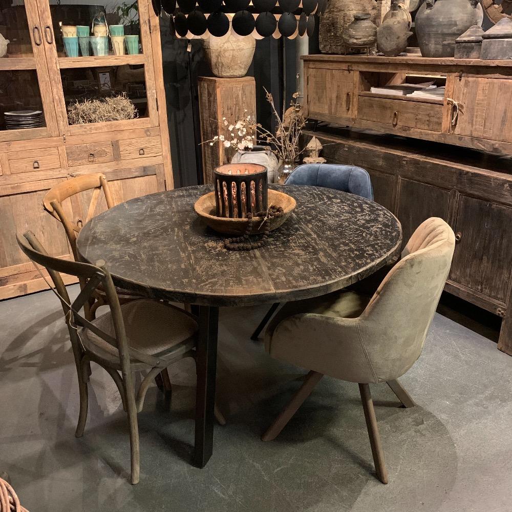 Ronde eettafel oud zwart elm hout 