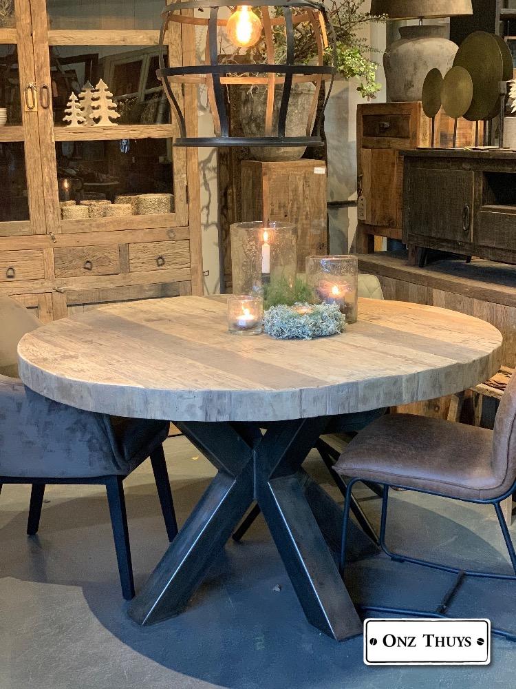 Robuuste ronde eettafel hout met poot Tafels - Onz Thuys