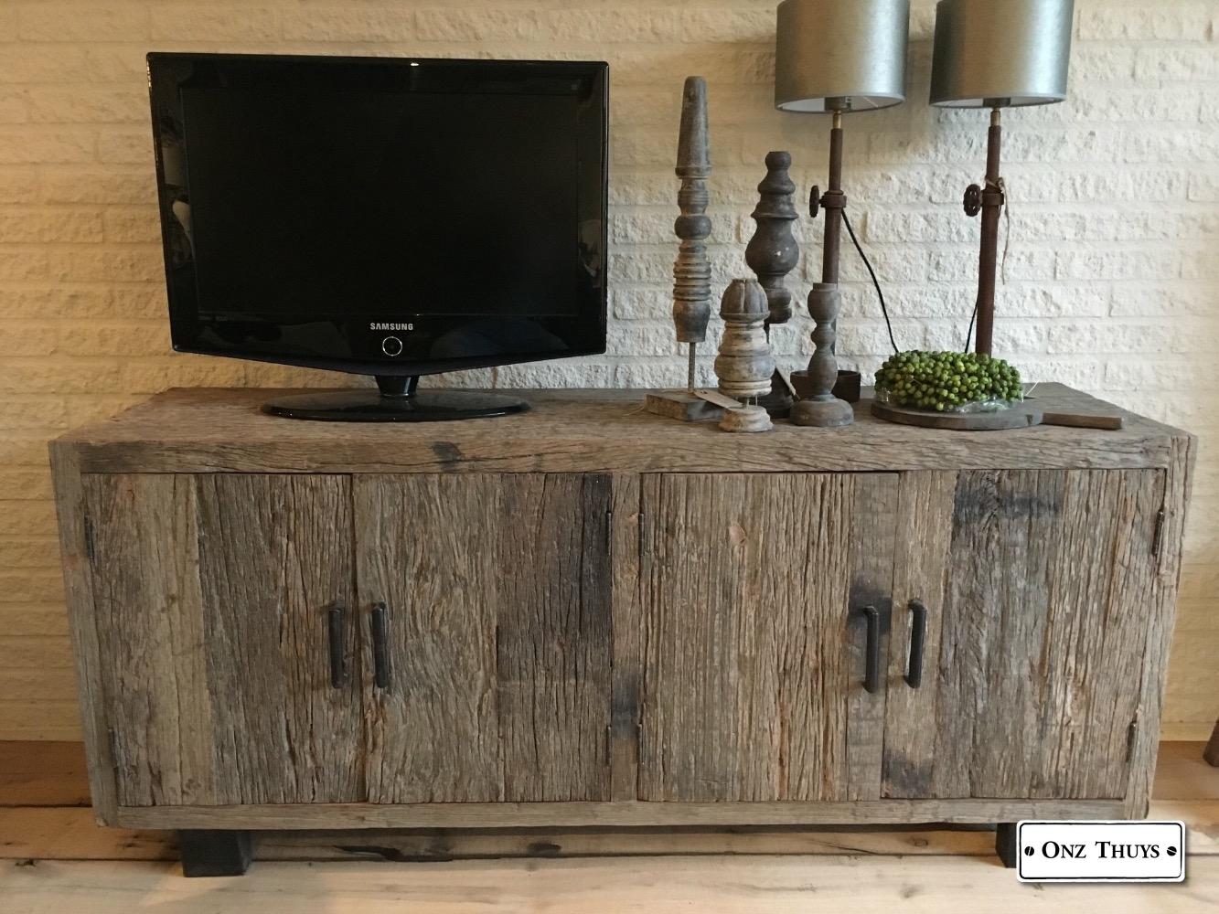 Stoer industriel landelijk driftwood tv meubel, 4 - Kasten - Onz Thuys